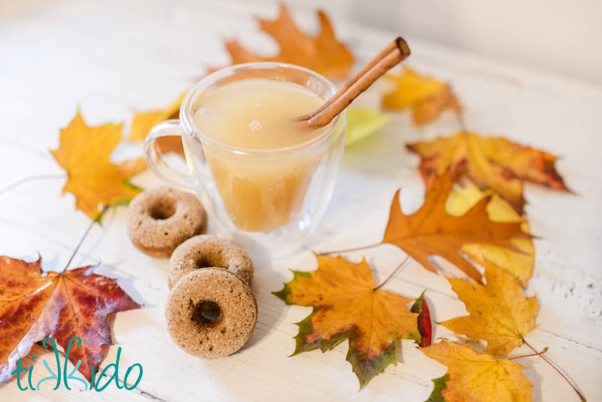 Three apple cider donuts next to a mug full of freshly pressed apple cider with a cinnamon stick sticking out of the top of the glass.