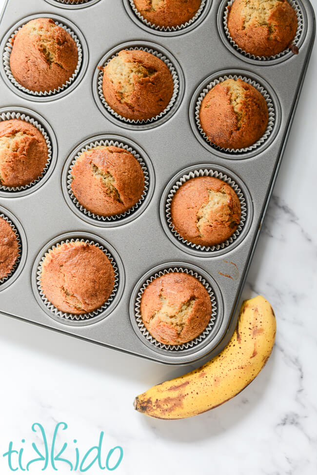 Banana bread baked as banana muffins in a cupcake tin.