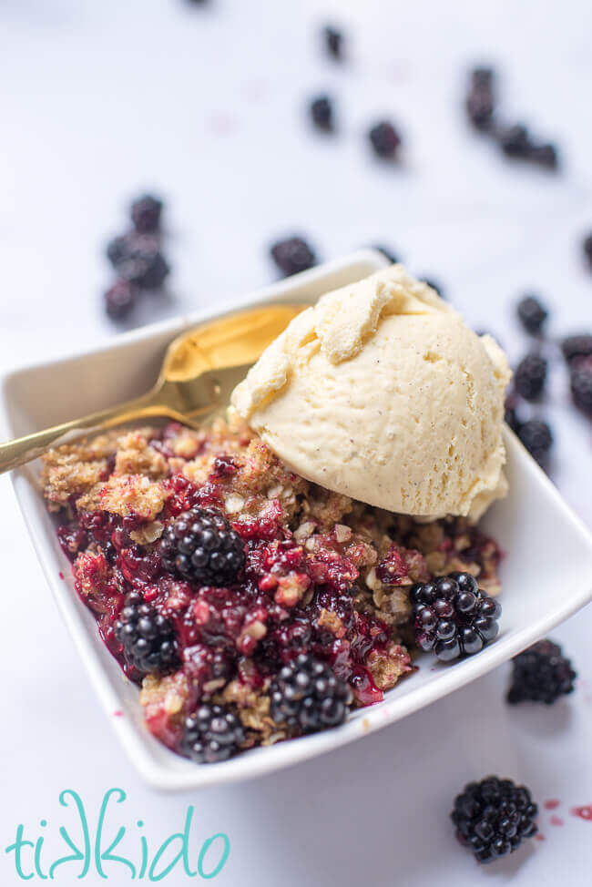 blackberry crisp with a scoop of vanilla ice cream in a white bowl.