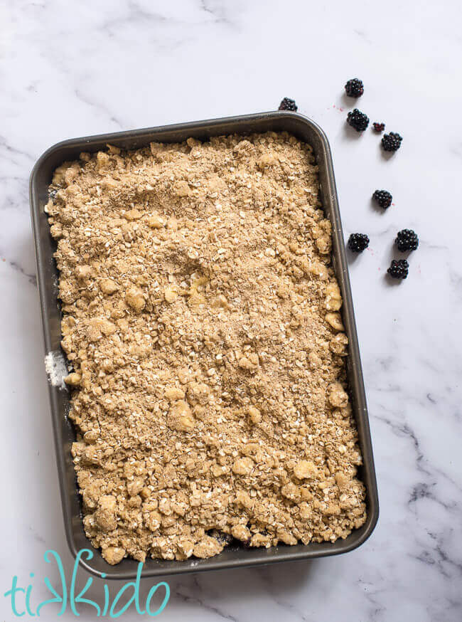 Unbaked blackberry crisp in a 9x13 pan.