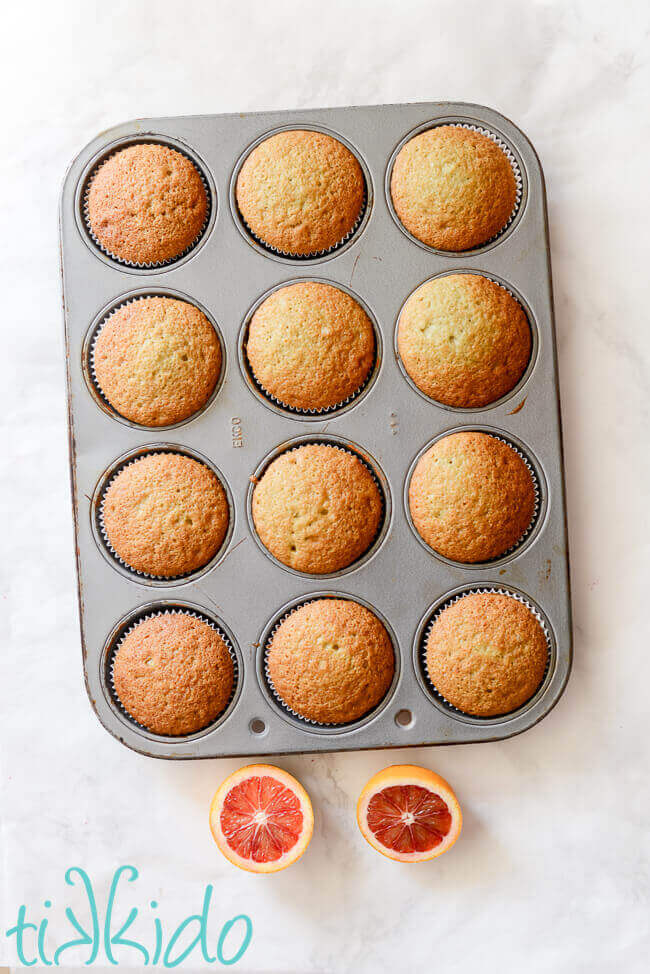 Baked blood orange cupcakes in a cupcake tin, next to a sliced blood orange.