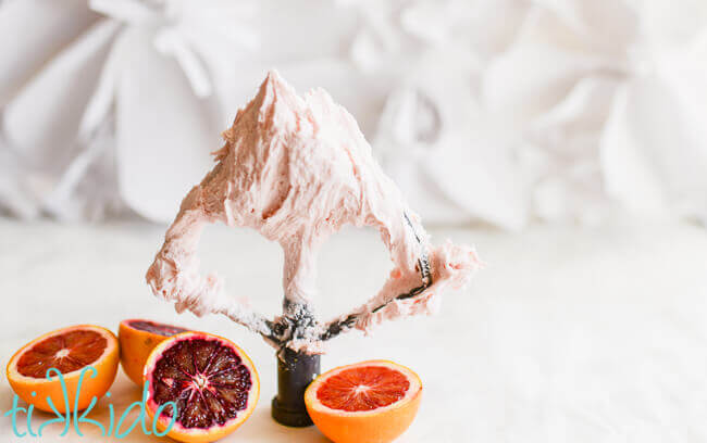 naturally pink blood orange buttercream icing on a metal beater surrounded by blood oranges cut in half.