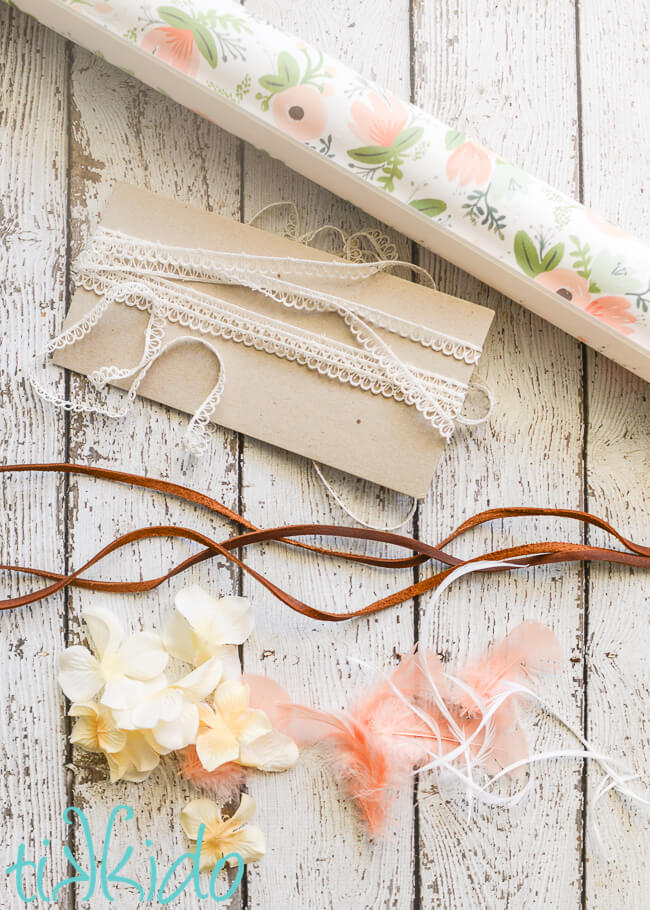 Materials for boho gift wrapping tutorial.