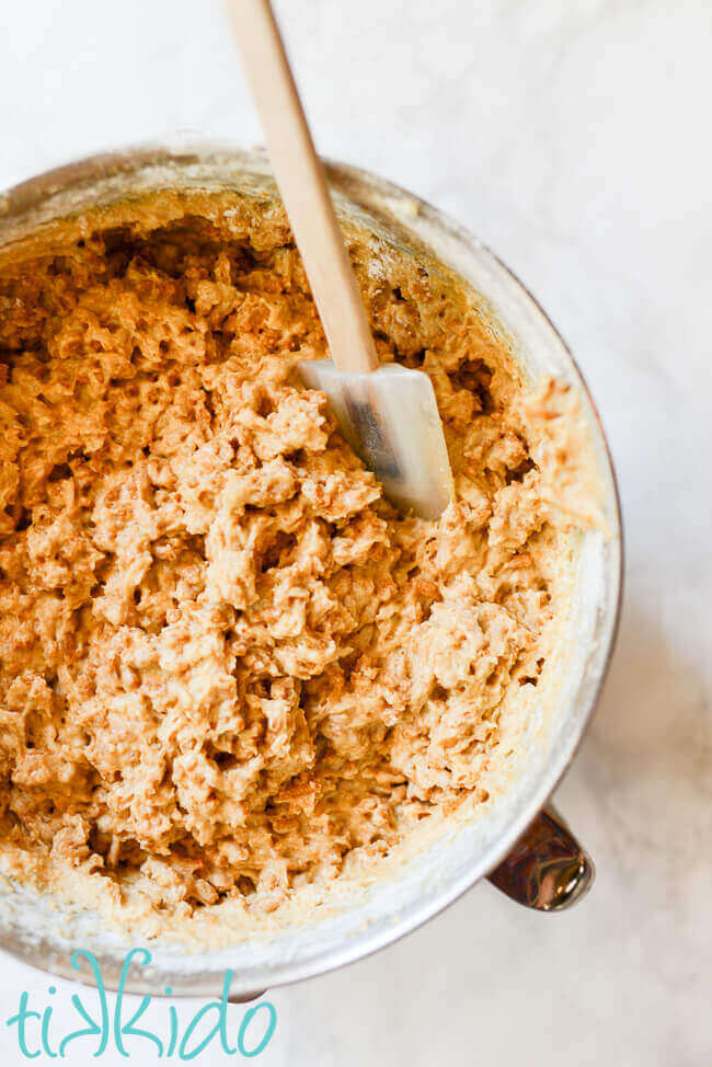 Bran muffin batter in a Kitchenaid mixing bowl.