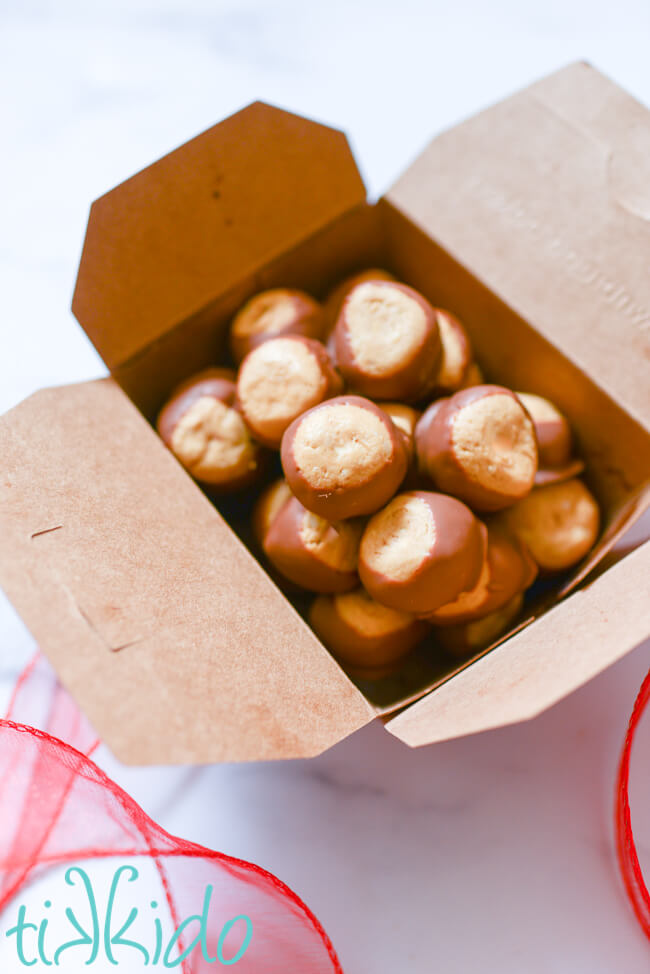 Buckeye Candy in a food safe cardboard container for gift-giving.