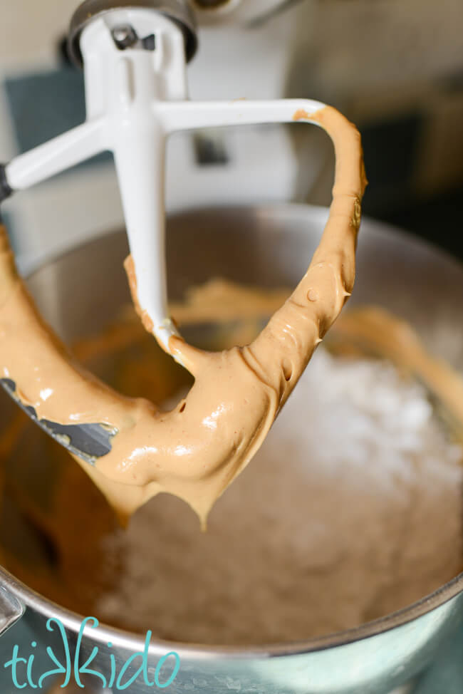 Ingredients for Buckeye Candy Recipe being mixed together in a Kitchenaid Mixer.