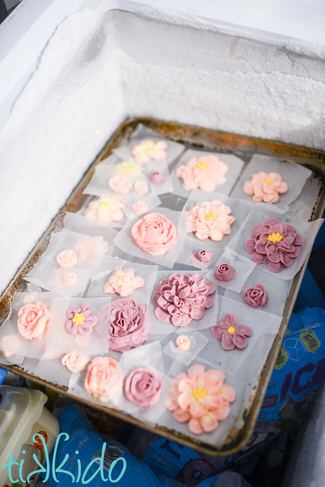 Buttercream frosting flowers on a baking sheet in a chest freezer, for making a cupcake cake.