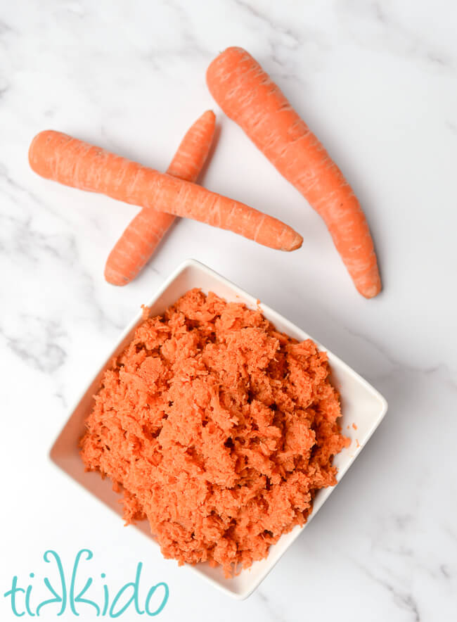 Finely shredded carrots for a Carrot Cake Cookie recipe