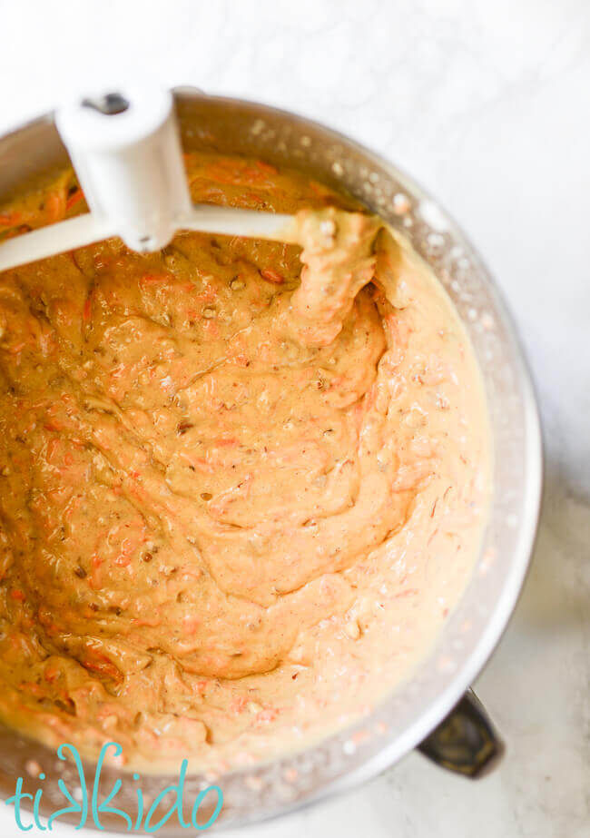 Carrot cake batter in a mixing bowl.