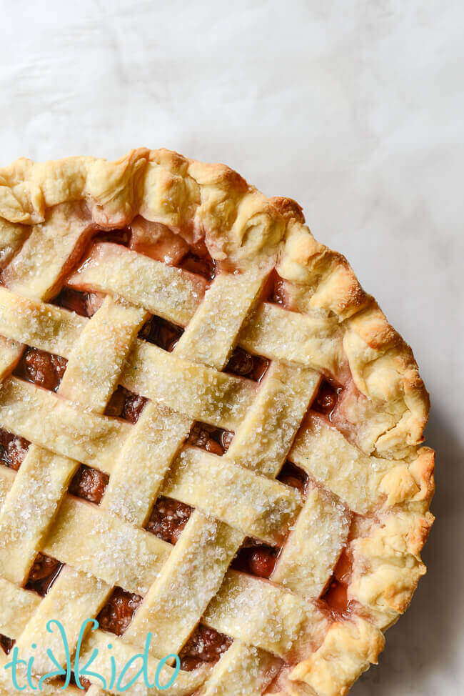 Baked cherry pie with lattice crust.