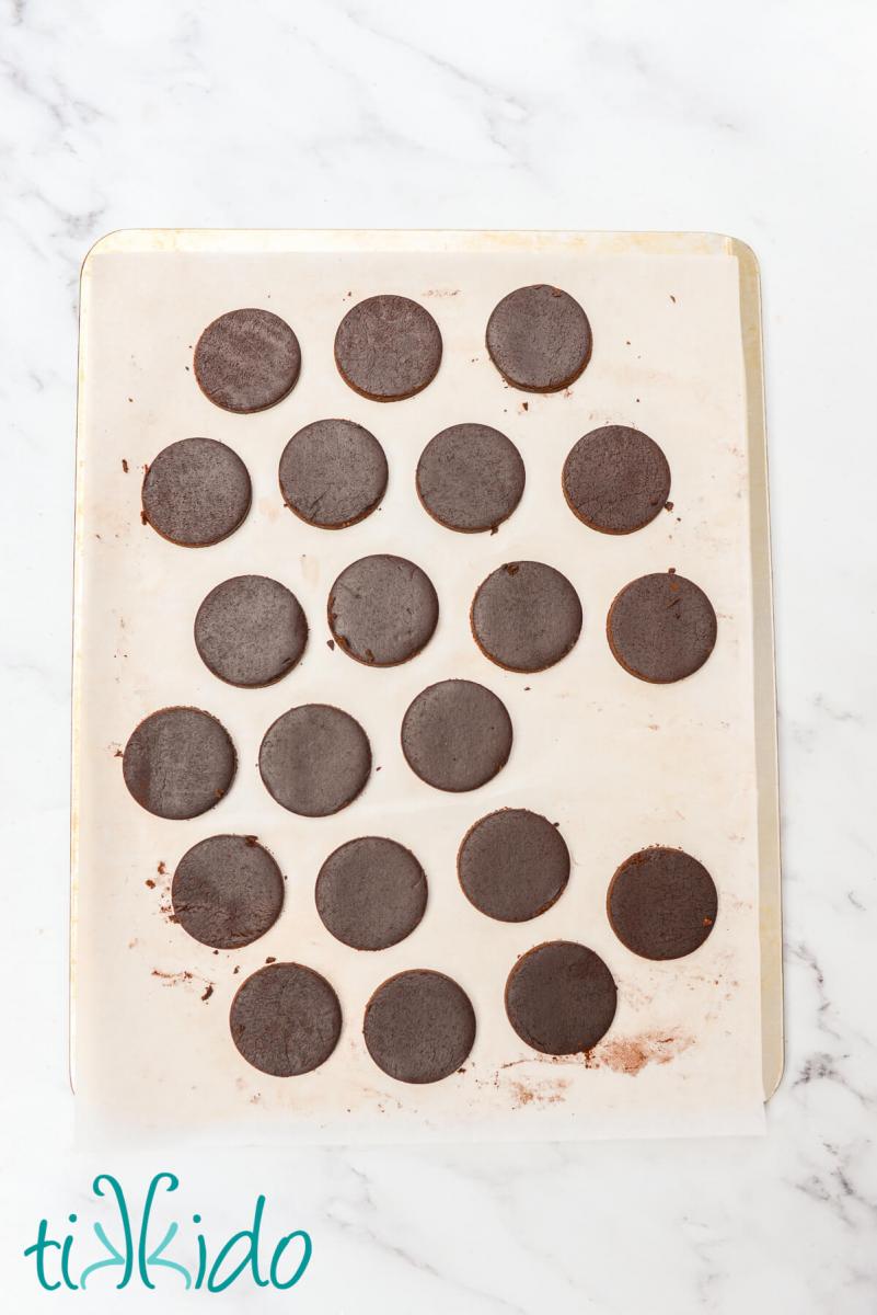 Chocolate sugar cookie dough cut into round shapes, unbaked, and sitting on parchment paper on a cookie sheet.