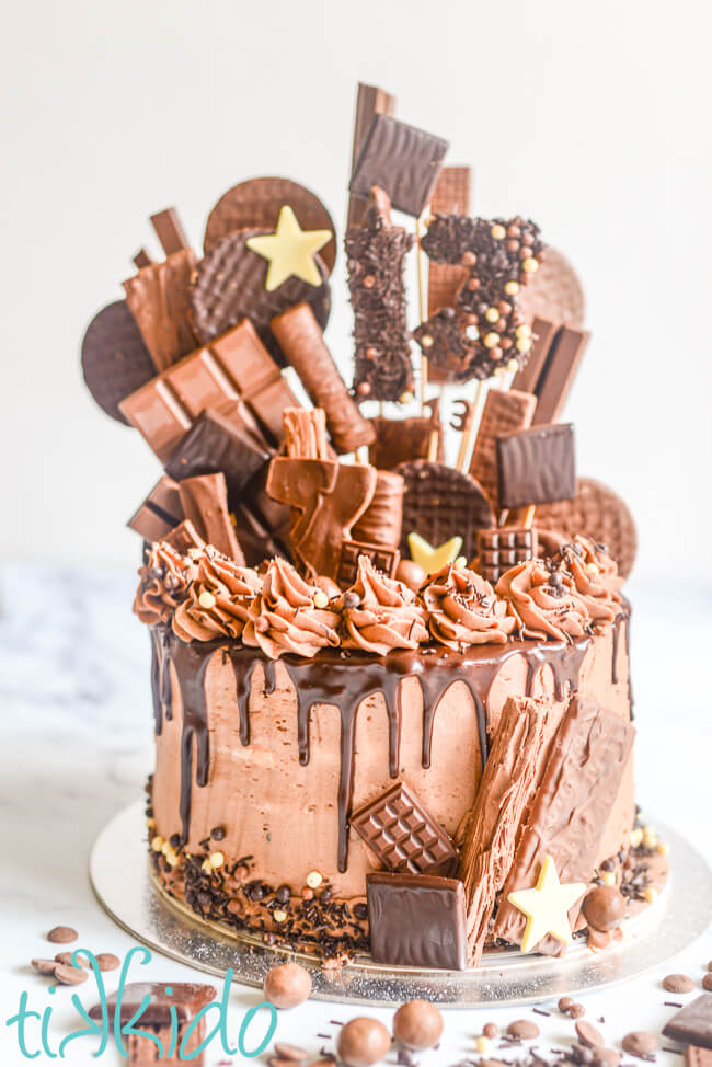 Chocolate explosion cake, decorated with chocolate buttercream frosting, chocolate ganache, chocolate sprinkles, and chocolate candies.