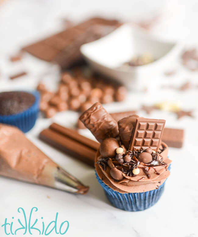 Chocolate explosion cupcake decorated with chocolate icing, ganache, chocolate sprinkles, and small chocolates, surrounded by the chocolates used for decorating the cupcake.