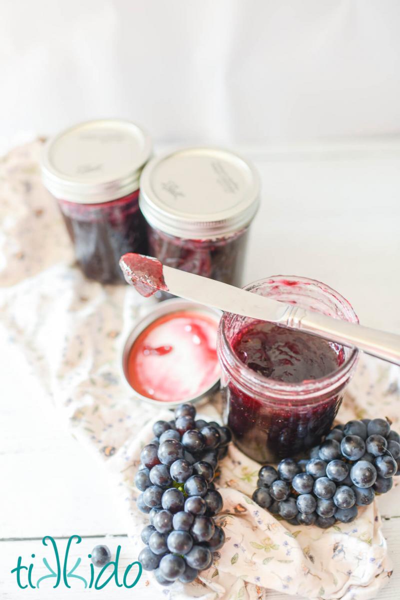 Three jars of homemade grape jam, two closed in the background, and one open, with a knife tipped in grape jam balanced on top of the open jar.  Fresh concord grapes and a floral tea towel sit in front of the jam.