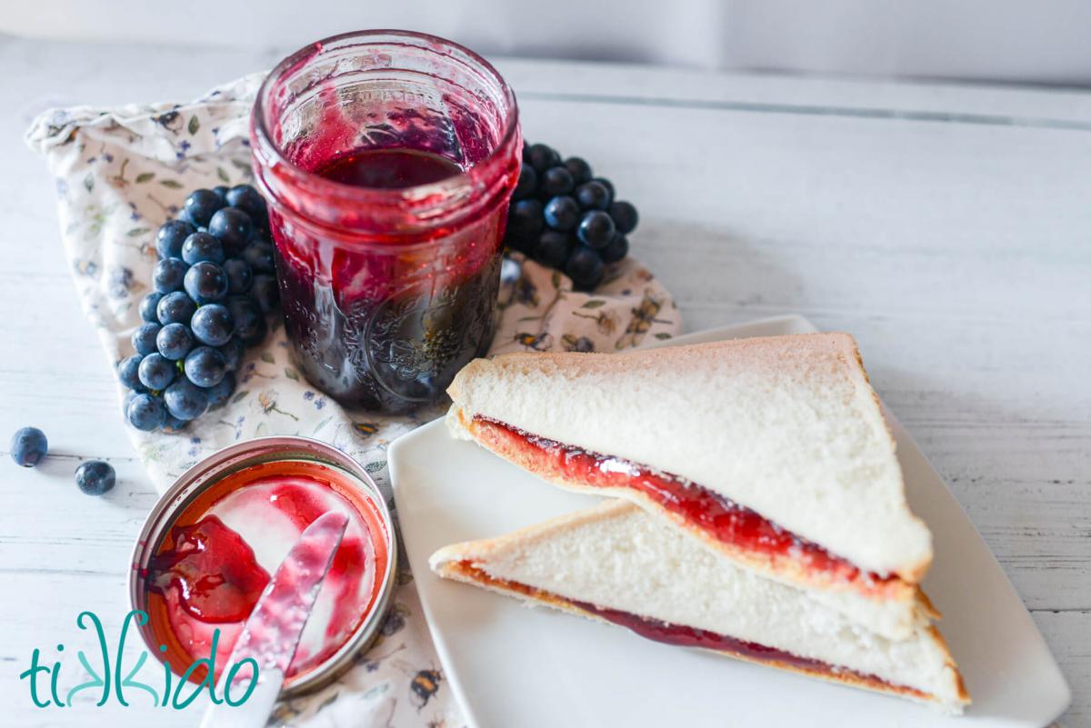 White plate with a peanut butter and jelly sandwich cut in triangles, next to an open jar of homemade concord grape jam and two clusters of concord grapes.  A jam-covered knife rests on the open jam lid.