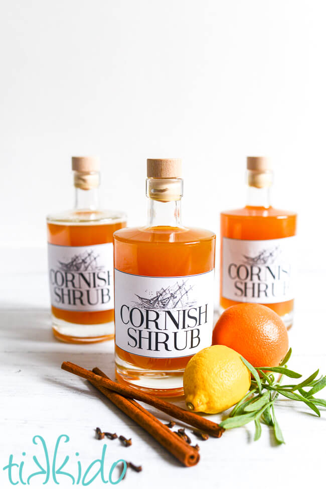 Three bottles of homemade Cornish shrub cordial surrounded by fresh citrus, herbs, and whole spices.