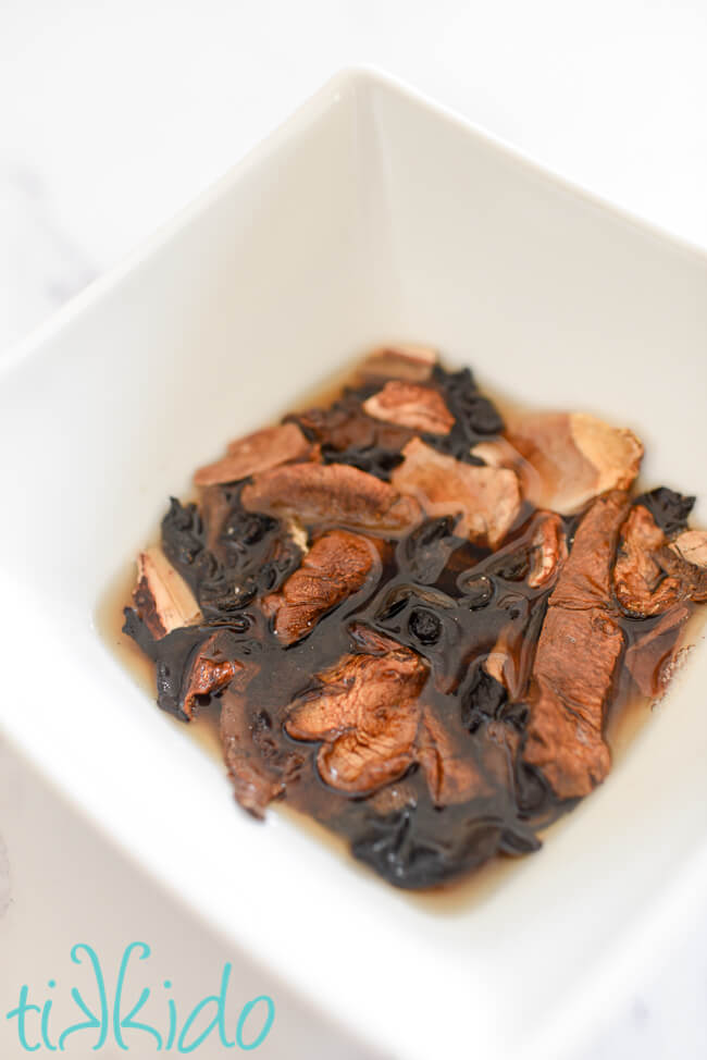 Dried mushrooms being soaked to make a Cream of Mushroom Soup Recipe.