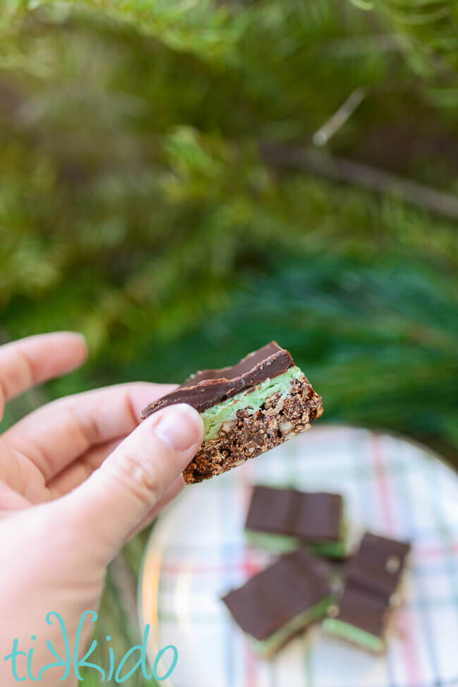 Hand holding no bake, mint chocolate Creme de Menthe bars over a plate.