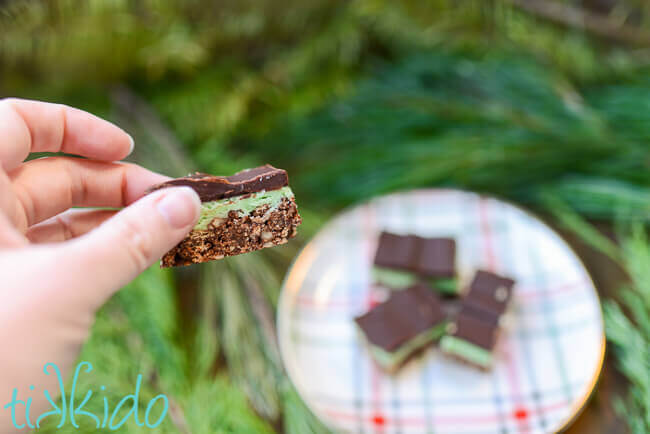 Hand holding a no bake mint chocolate bar over a plate.