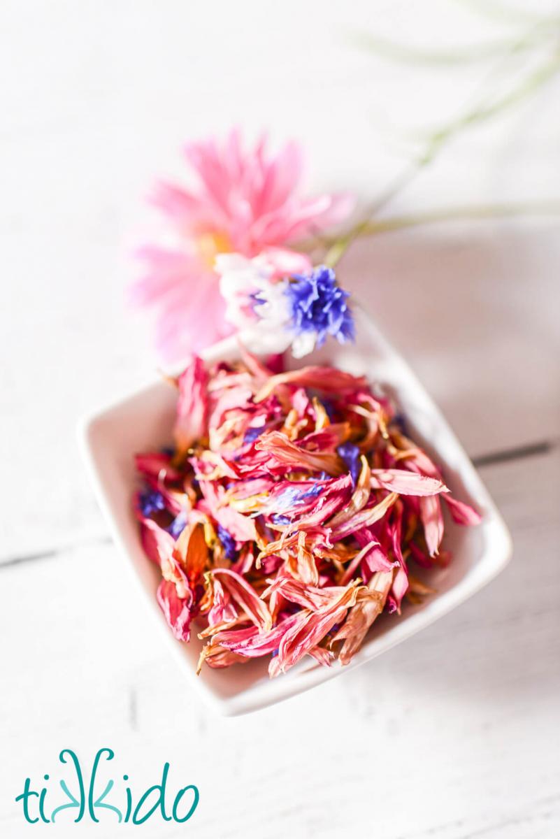 small white bowl of dried edible flower petals in pinks and blues, on a white wooden surface.  A dahlia and two cornflowers rest beside the bowl.