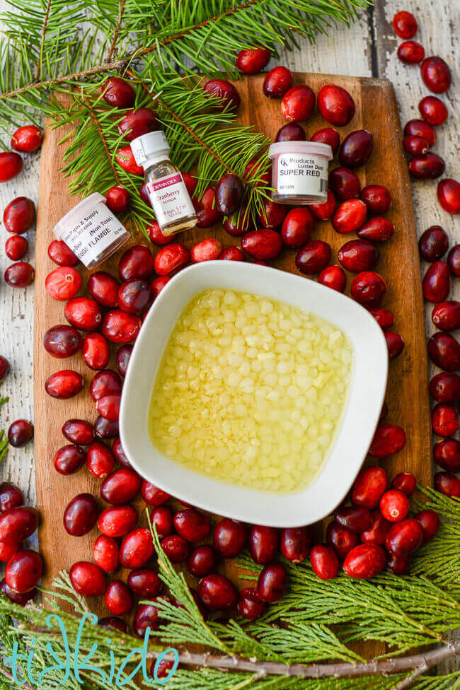 Ingredients for making homemade cranberry lip gloss for Christmas, surrounded by fresh cranberries and evergreen branches.