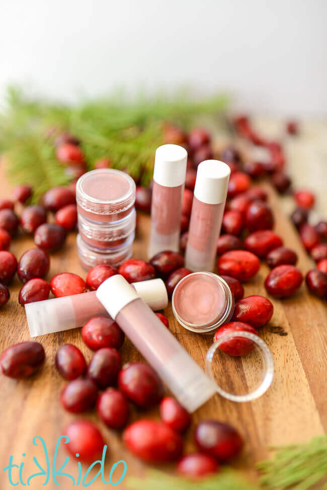 Pots and twist up containers of homemade cranberry lip gloss surrounded by fresh cranberries and evergreen branches.