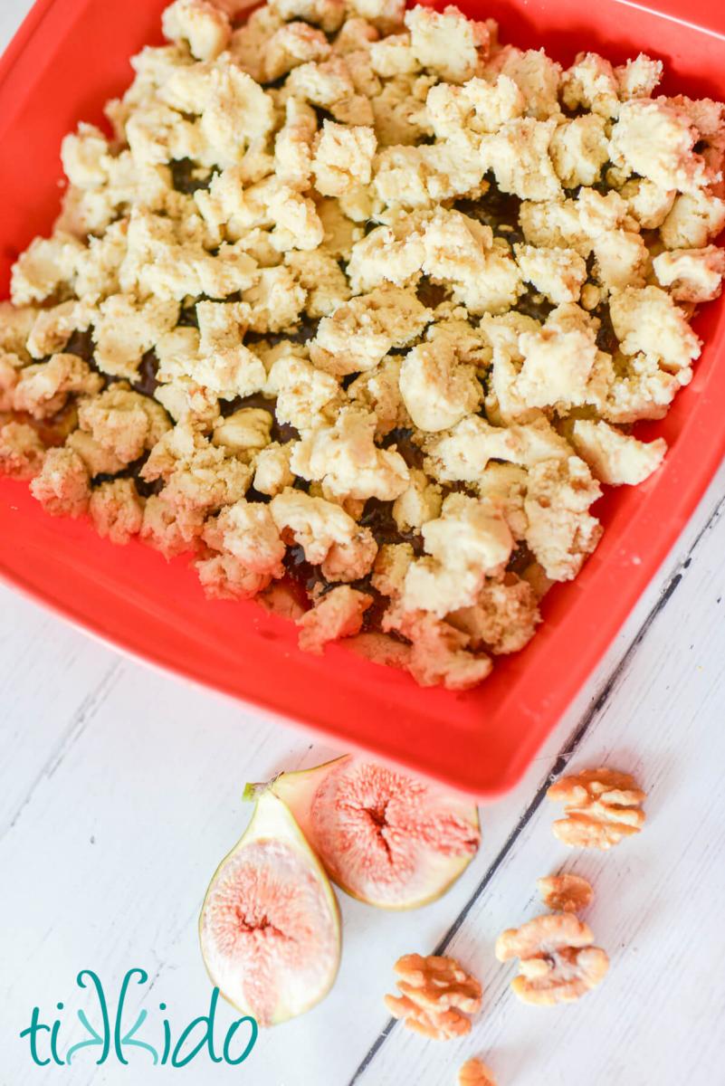 Fig Bar Cookies Fig bar cookies ready to bake in a red silicone baking pan.