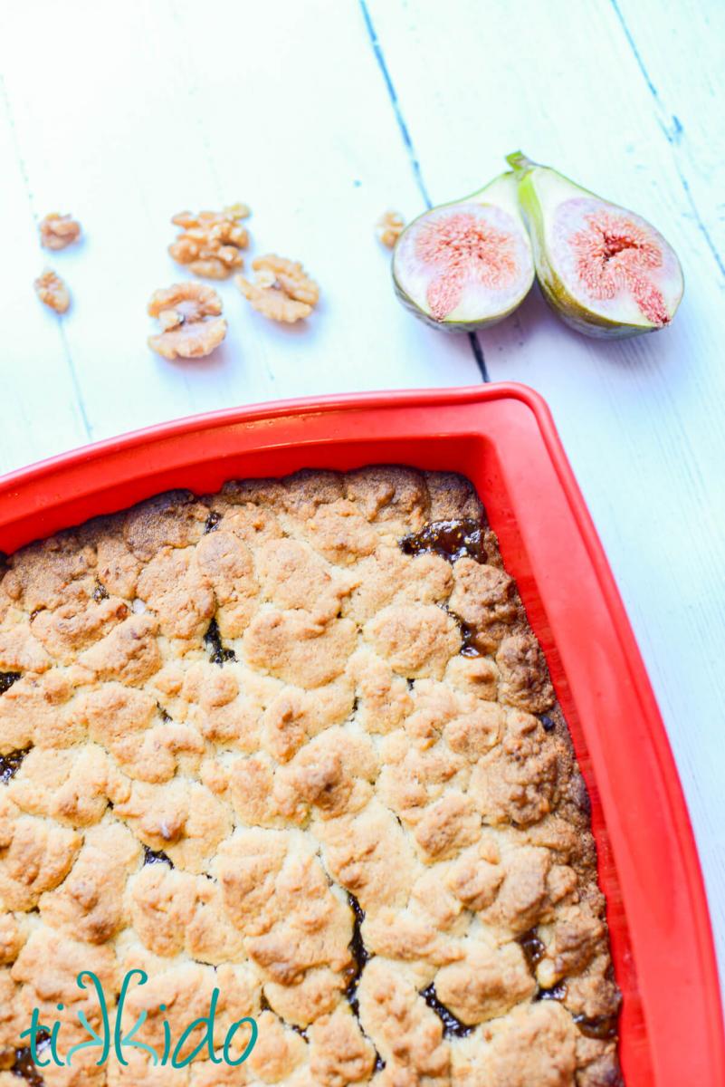 Fig Bar Cookies Freshly baked fig bar cookies in a red silicone baking dish.