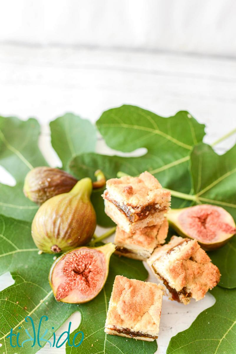 Fig bar cookies stacked on top of fresh fig leaves and surrounded by fresh figs.