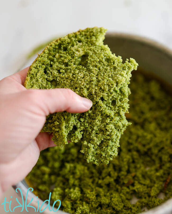 Hand holding the trimmed top of the Forest Moss Cake, crumbling it into small pieces so it resembles moss.