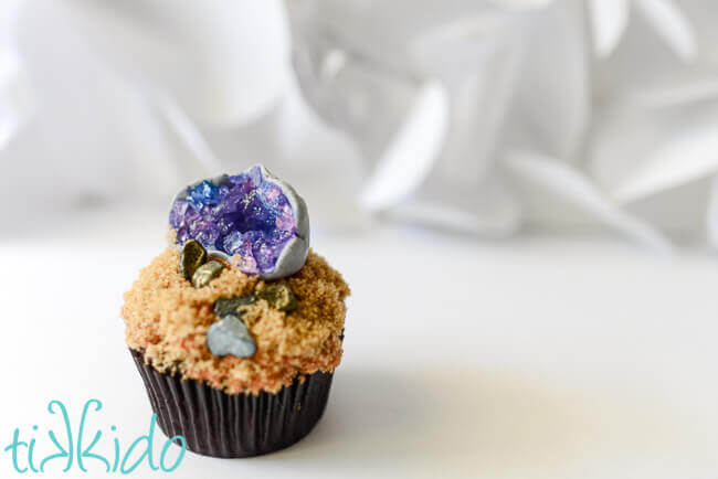 Cupcake topped with brown sugar dirt, chocolate rocks, and a gum paste and sugar crystal edible geode cupcake topper.