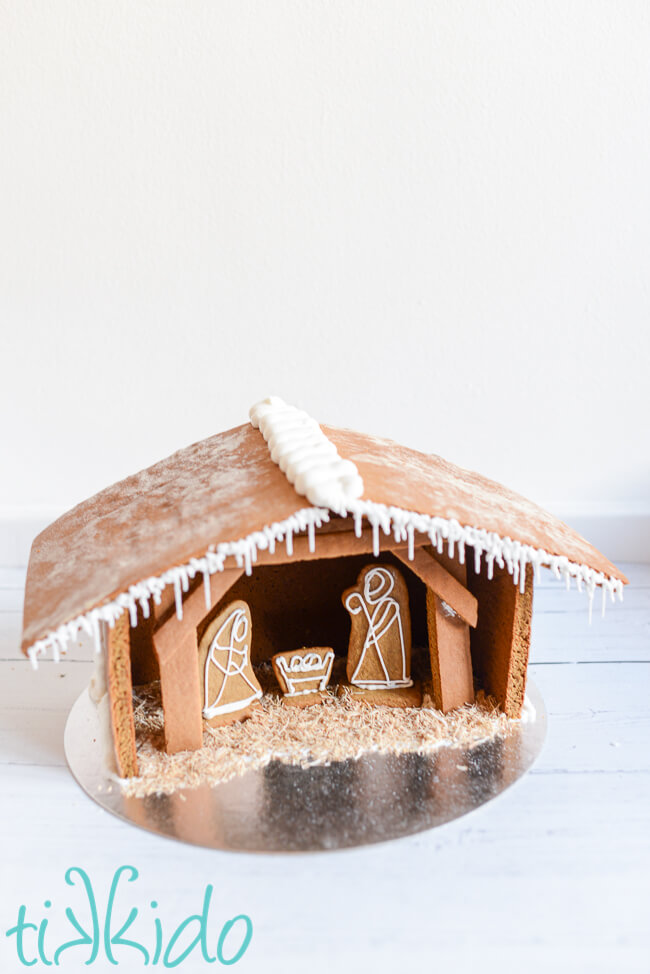 Finished Gingerbread Nativity scene on a white background.