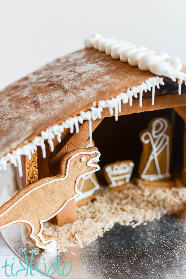 Gingerbread T-Rex cookie in the Mr. Bean Gingerbread Nativity scene.