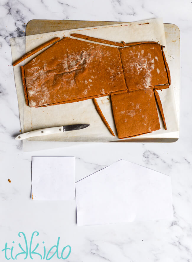 Gingerbread nativity pieces trimmed after baking using the original templates and a paring knife.