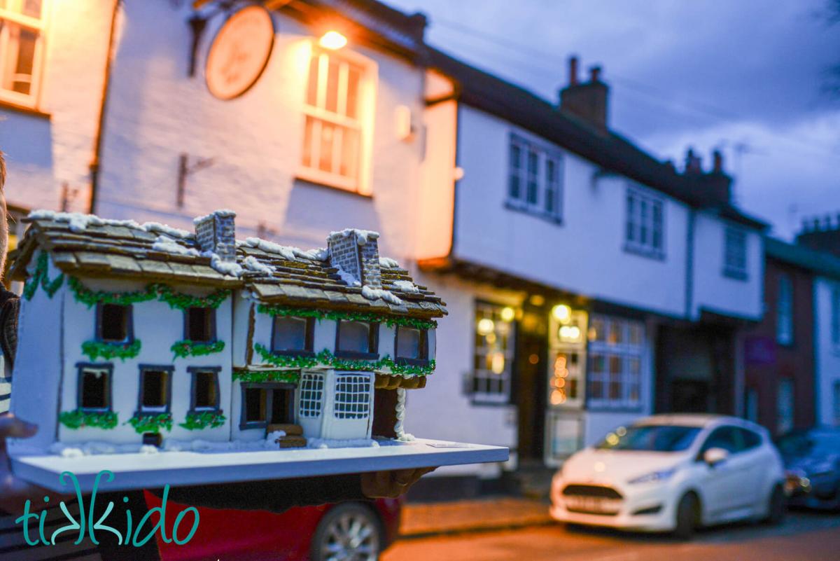 Gingerbread replica of The Goat pub in St Albans in front of the actual pub on Sopwell Lane.
