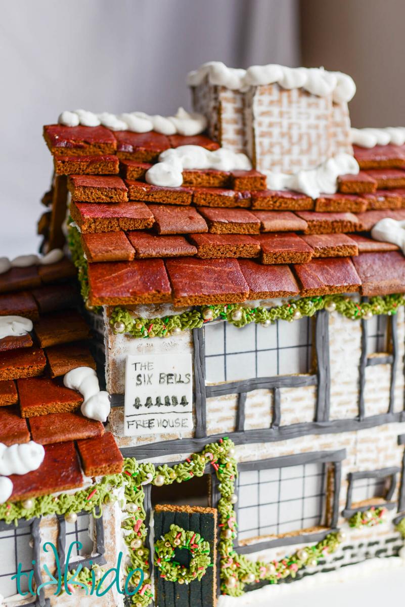 Closeup of the Gingerbread replica of The Six Bells pub in St Albans, England.