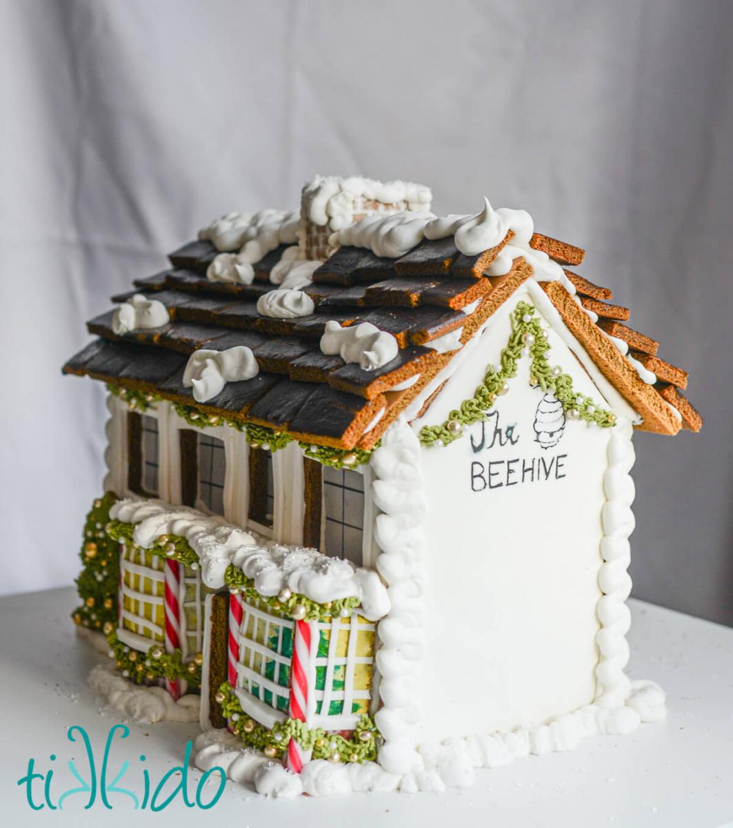 Side view of the gingerbread replica of The Beehive pub in St Albans, England.