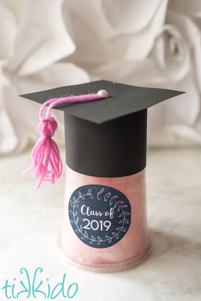 DIY Graduation Favor container filled with cotton candy.