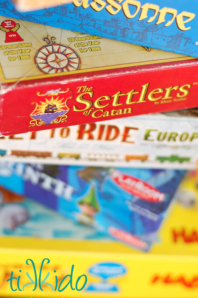 Stack of euro style board games that are great for the whole family.