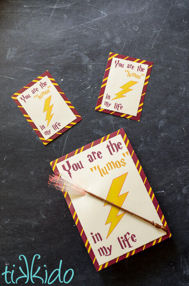 Two small, one large Harry Potter printable valentines with the text "You are the lumos in my life"