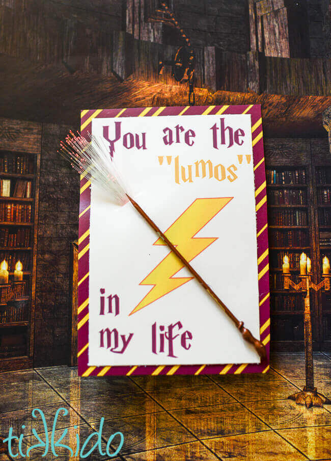 Printable Harry Potter LED Light up valentine on a background that looks like hogwarts.