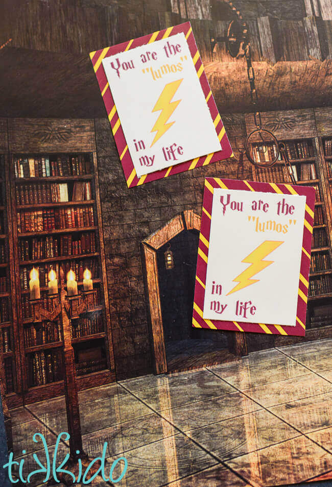 Two small printable Harry Potter valentines on a background that looks like hogwarts.