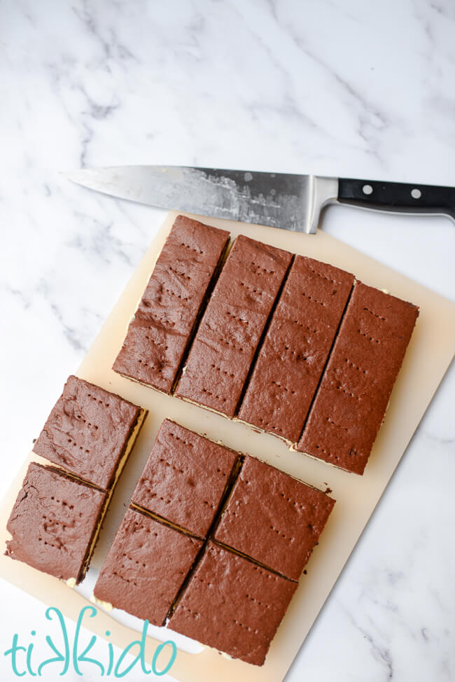 Homemade Ice Cream Sandwiches being cut into squares and rectangles.