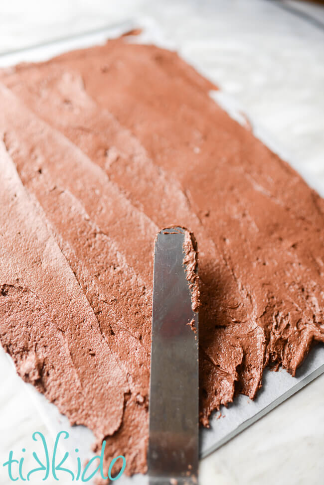 Batter for Homemade ice cream sandwich cookies spread on parchment paper.