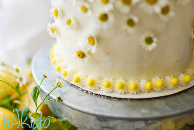 Piped border around the bottom of a white cake on a galvanized metal cake stand.
