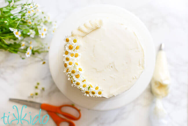 Overhead shot of a white cake being decorated with fresh chamomile flowers