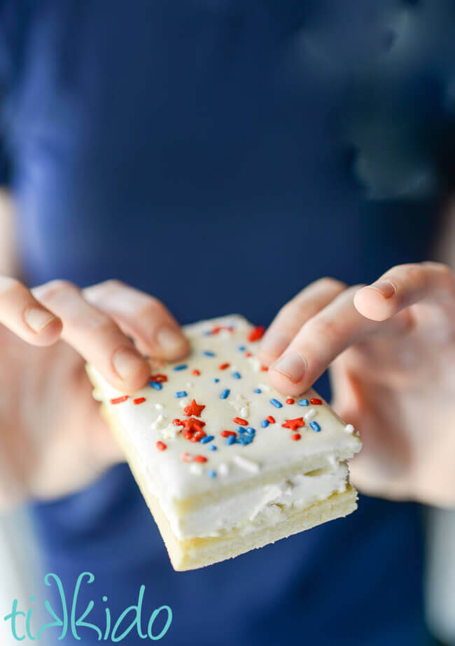 hands holding a patriotic sprinkle covered homemade ice cream sandwich for the 4th of July