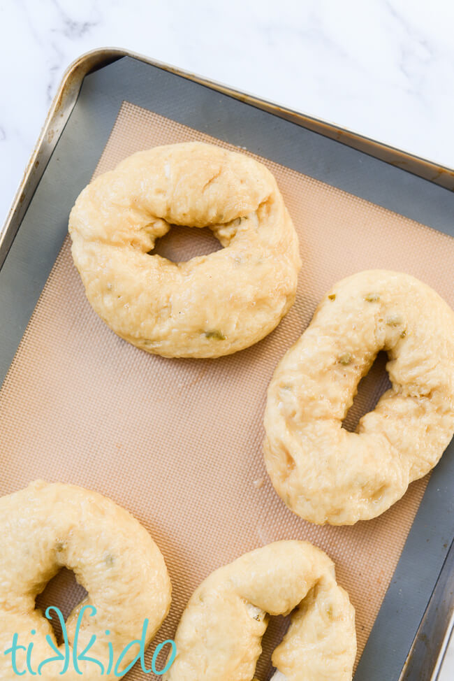 Boiled, unbaked Jalapeño Cheddar Bagels on a silpat lined baking sheet.