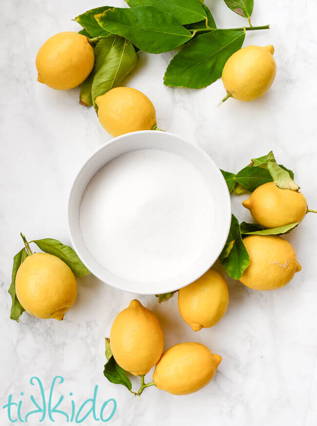 Easy lemon jam recipe ingredients:  just sugar and fresh lemons.