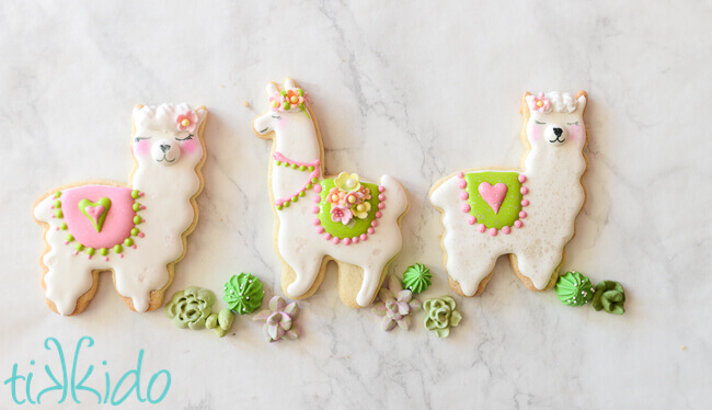 Three cute llama or alpaca sugar cookies decorated with royal icing on a white marble background.